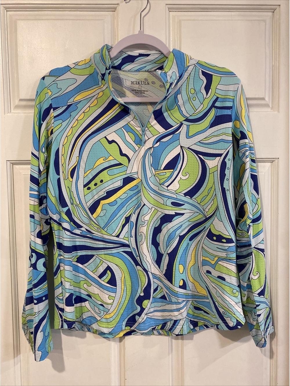 ICIKULS UPF 50+ Shirt Large 1/4 Zip Blue Mod Print Mesh Activewear Stretchy